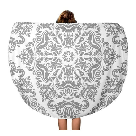 Silver Patterned Round Dial - SIDONKU 60 inch Round Beach Towel Blanket Gray Damask Classic Light Silver Pattern Traditional Orient Vintage Travel Circle Circular Towels Mat Tapestry Beach Throw