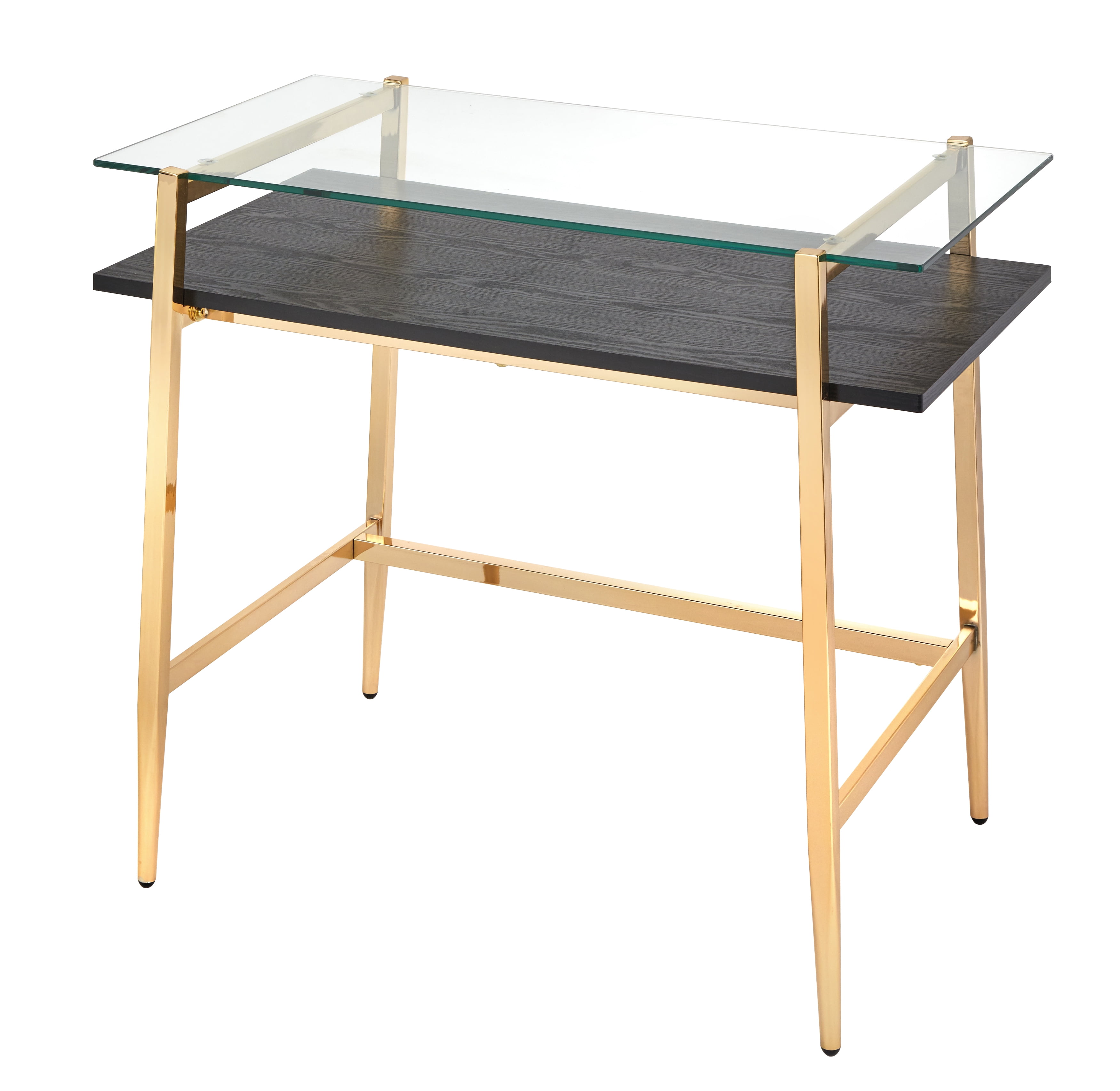 TMS Thayer Writing Desk, 2-Tier Glass Top Mid-Century, Black and Gold Finish