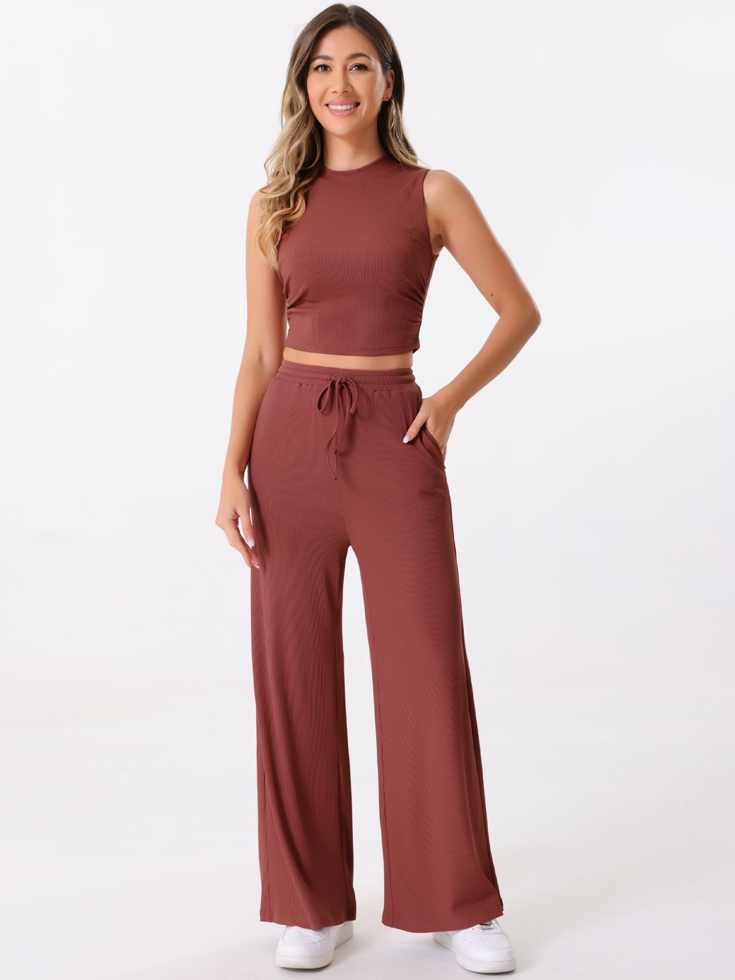 DARING DIVA Women's 2 Piece Sets Crew Neck Crop Tank Wide Leg Pants XL Brick Red