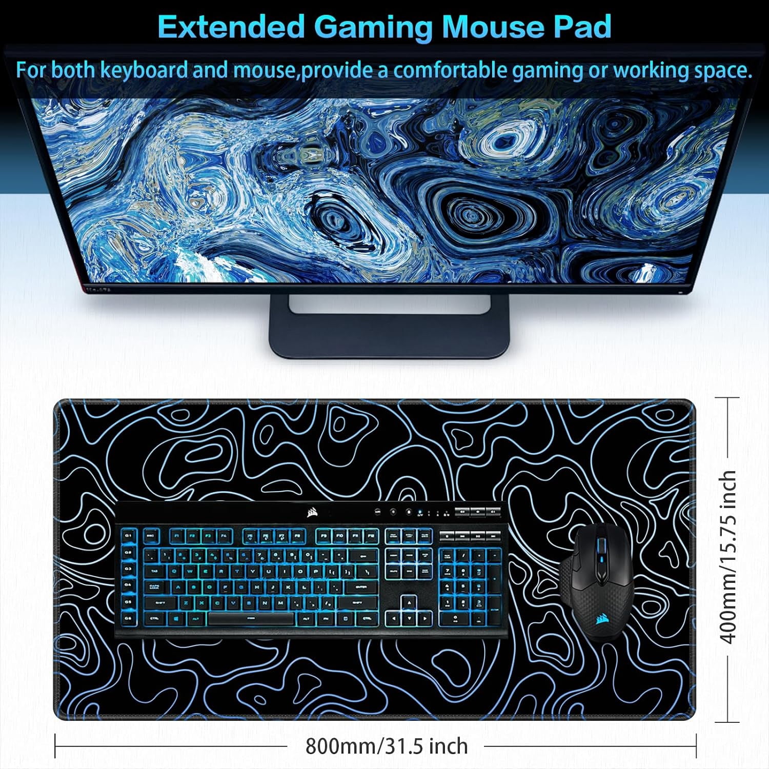 Gaming Mouse Pad, Topographic Contour Mouse Pad 31.5x15.7inch Large Extended Computer Mouse Mat Keyboard Full Desk Mousepad for Gaming, Office, Home