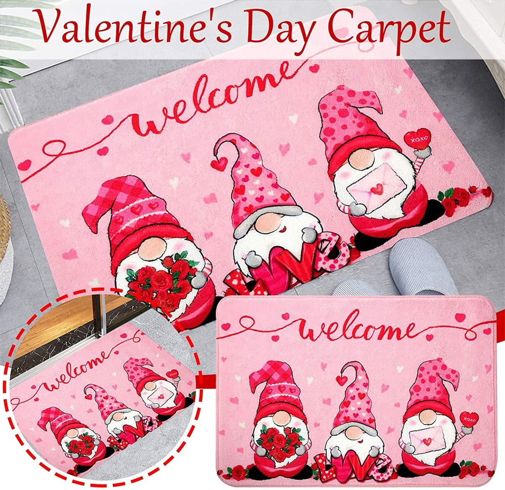 SUN-Shine Happy Valentine's Day Romantic Love Kitchen Area Rug Set 2 Pieces Non Slip Floor Runner Door Mats Absorbent Carpet Indoor Doormats Red Buffalo Plaid 