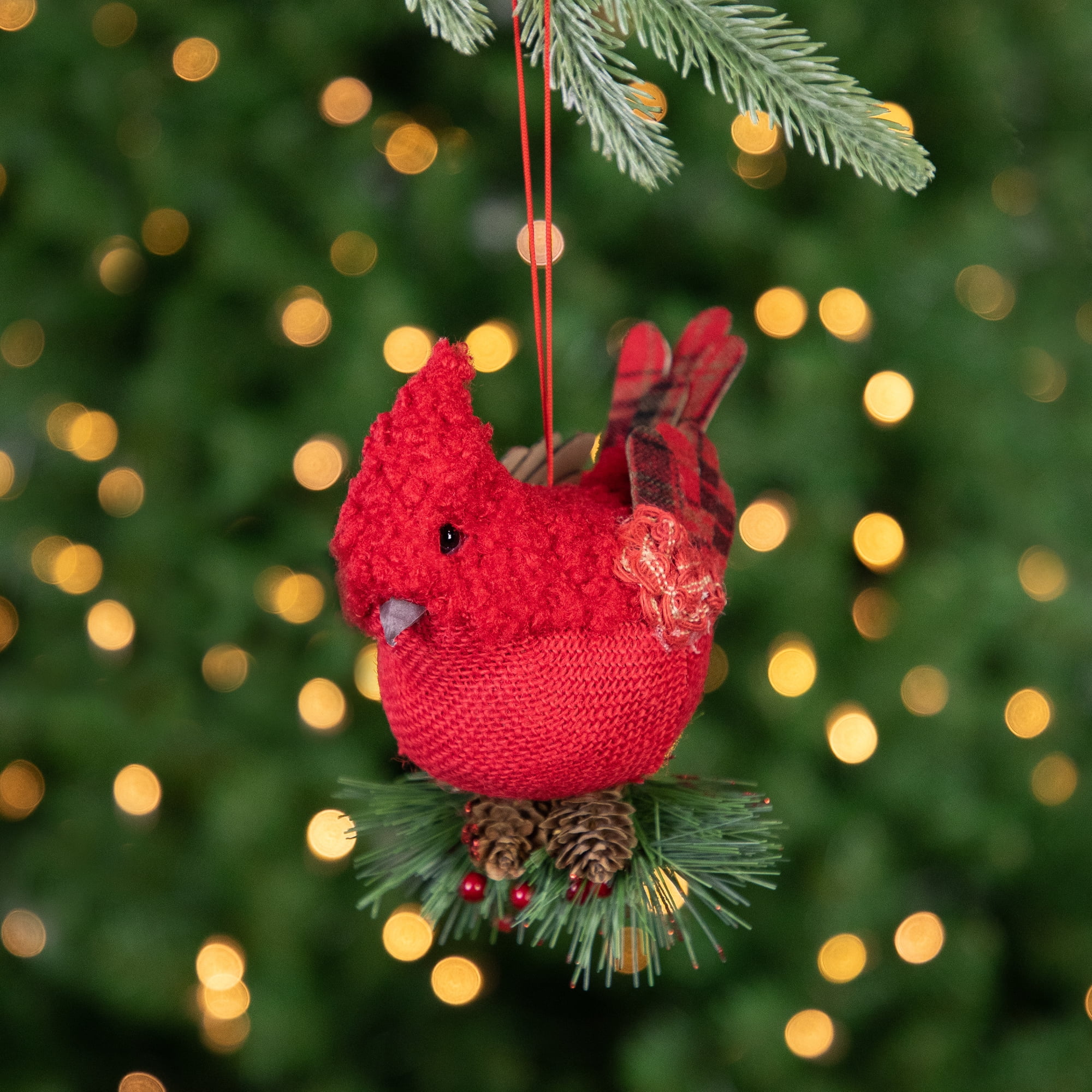 4.75" Burlap and Plaid Cardinal on Pine Sprig Christmas Ornament