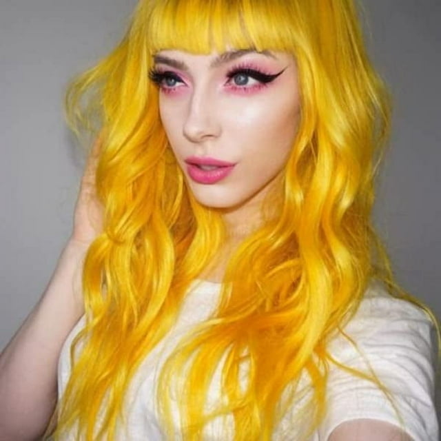 Baruisi Peluca amarilla ondulada larga y rizada para mujer, aspecto natural, peluca con flequillo sintético para disfraz de Halloween
