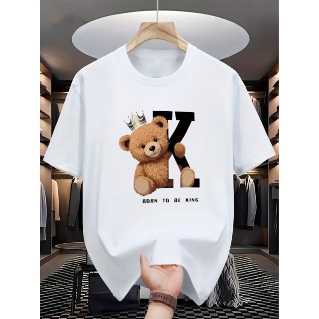 Camiseta informal de cuello redondo para hombre con estampado "BORN TO BE KING" - Diseño de oso pardo, tela suave, estilo veraniego, corte regular, talla adulto, ropa informal | Estampado divertido |