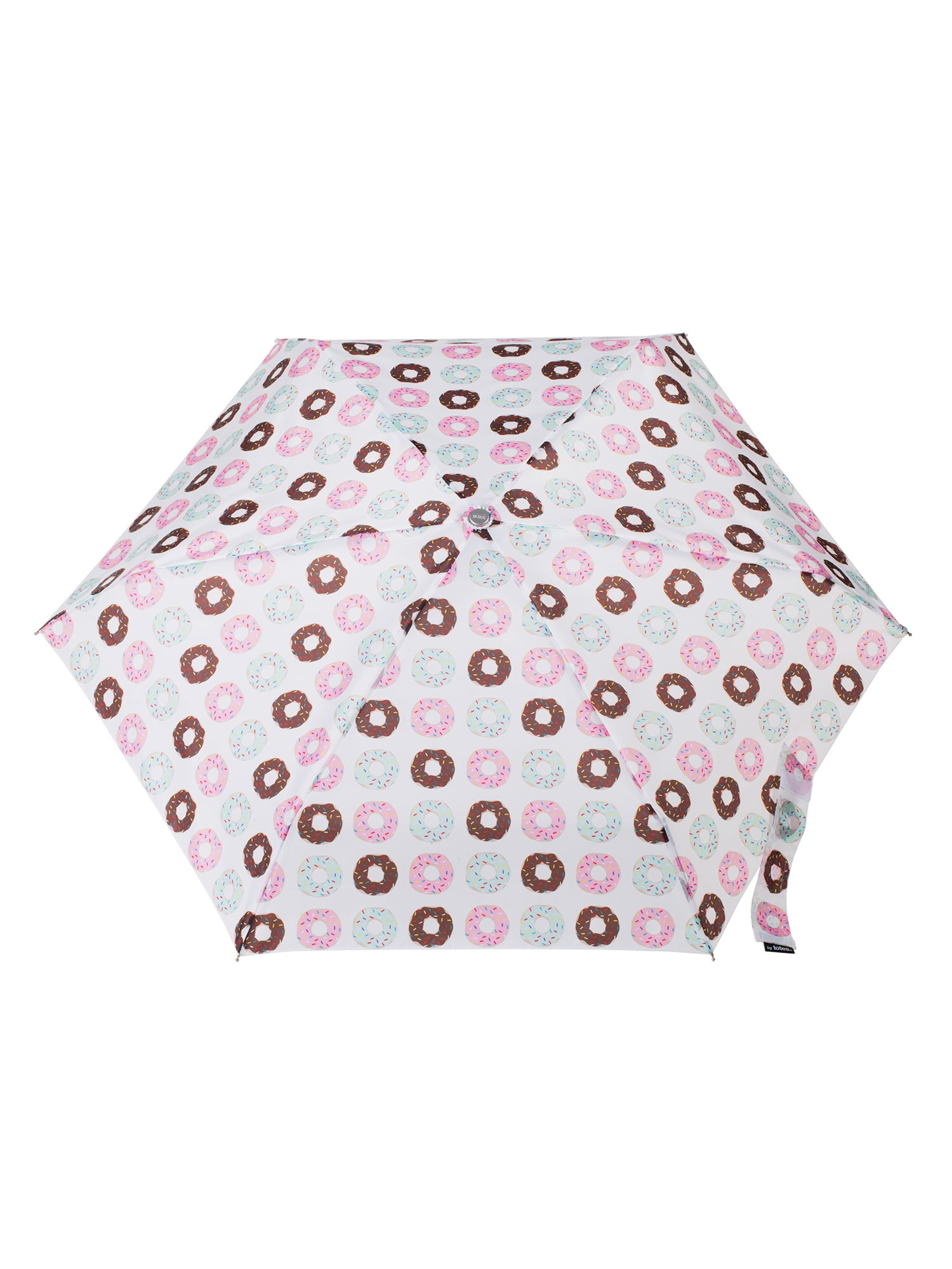 Totes Recycled Canopy One-Touch Auto Open Ultra Compact Mini Travel Umbrella With Carrying Case Pink Donuts
