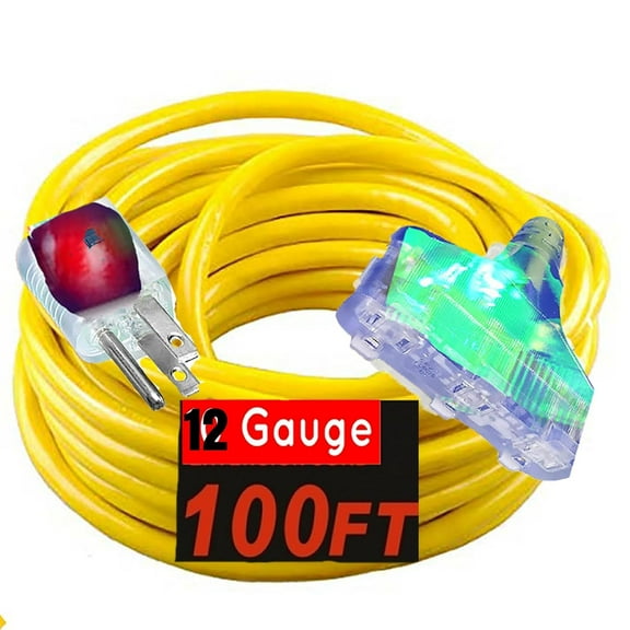 12/3 Extension Cord 100 ft Outdoor Indoor Heavy Duty 100 ft Extension Cord 12/3 12 Gauge Extension Cord 3 Outlet Lighted 15 Amp 1875 Watts Triple Outlet 12 Gauge Extension Cord 100 ft Copper