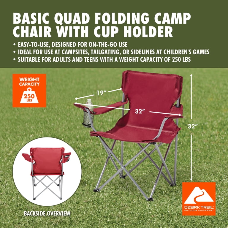 Ozark Trail Quad Folding Camp Chair with Cup Holder, Red, Durable