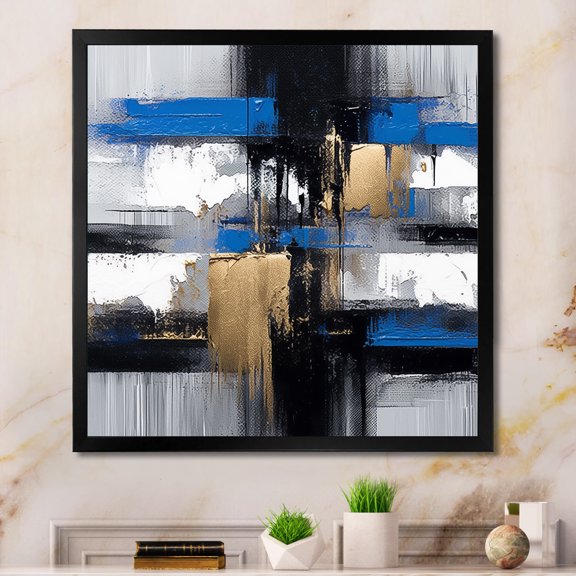Designart "Elegance of Gold and Blue Paint I" Abstract Framed Wall Art Decor - Modern Gold Abstract Collages Hallway Framed Wall Art Decor