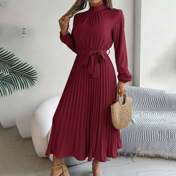 MORTTIC Women's Elegant High Neck Long Sleeve Belted Pleated Maxi Dress - Solid Color Flowy Office Dress for Spring & Fall