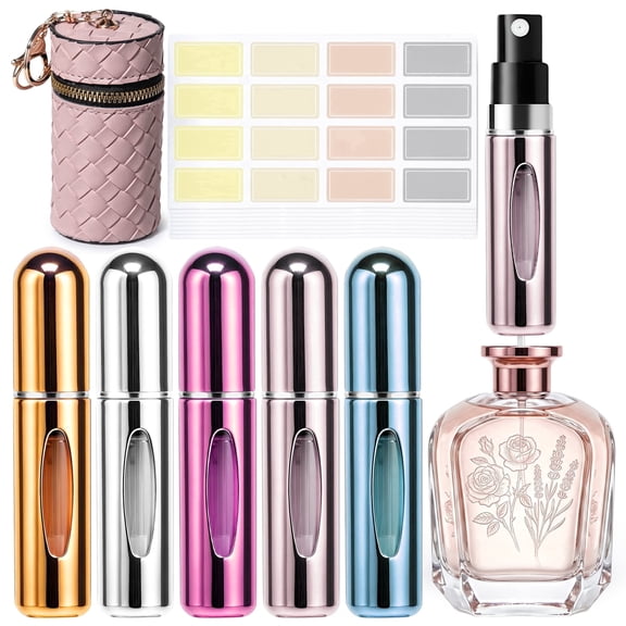 5 Pack 5ml Refillable Perfume Travel Atomizer, Leakproof Portable Travel Perfume Spray Bottle with Bag & Stickers
