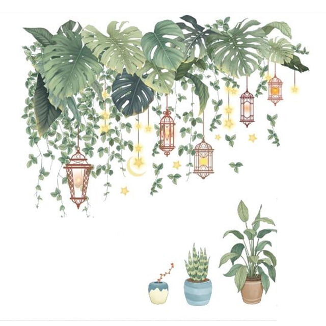 Etiqueta de la pared de plantas , calcomanías de pared con estampado de hojas, papel tapiz decorativo de fondo de maceta, Mural artístico para