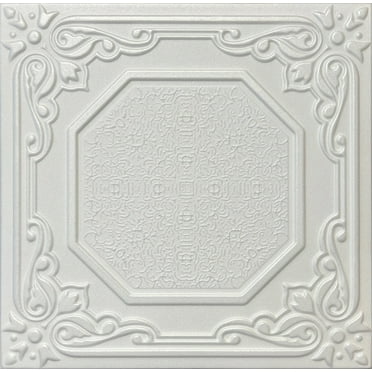 20x20 Styrofoam Ceiling Tiles Glue-Up Decorative Panels for Easy DIY Install, Home & Basement Renovation. R32 Floral Haven, Plain White, Lot/8