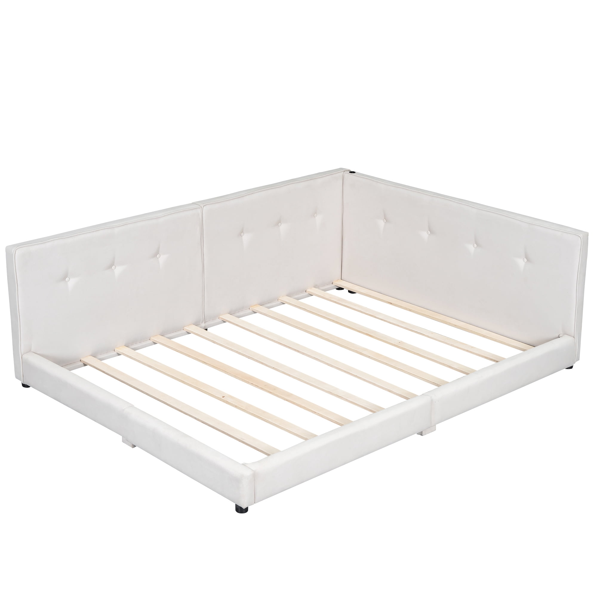 Euroco Upholstered Queen Size Platform Bed with USB Charging Station, Beige