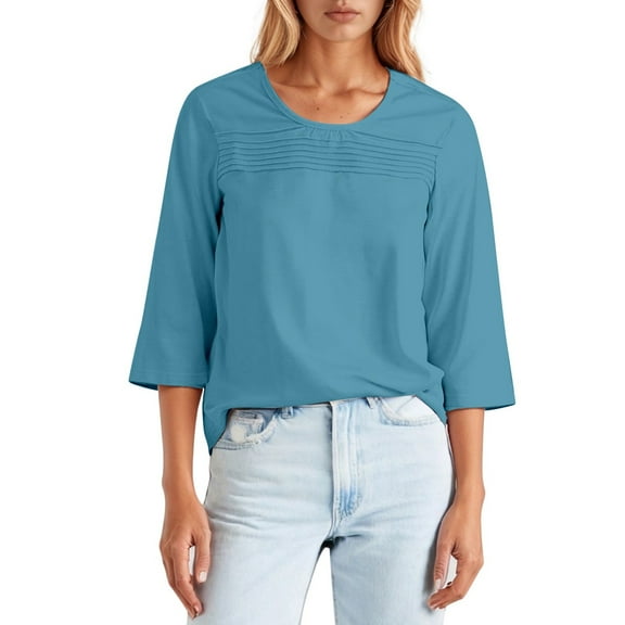 FUYUDY Women Blouse Round Neck 3/4 Sleeve Pleated Front Line T Shirt Cozy Female Solid Color Tops