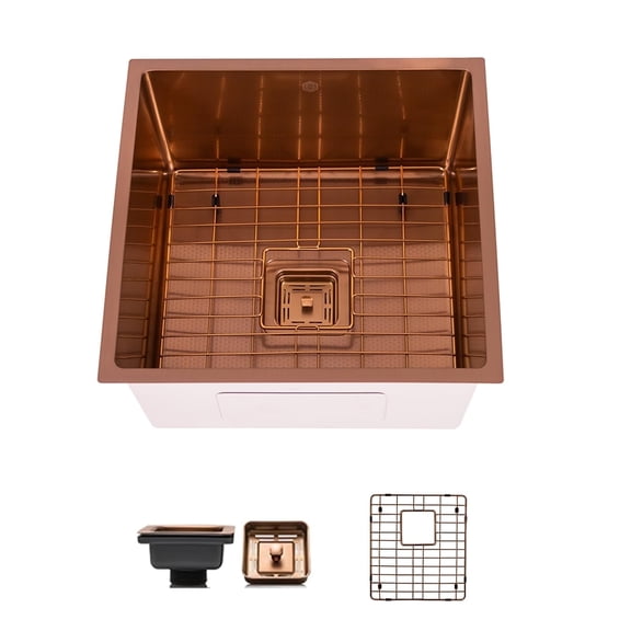 Strictly Sinks Undermount Bar Prep Sink – 18 Inch 16 Gauge Embossed Hexagon Texture Copper Wet Bar Prep Kitchen Sink with Bottom Grid and 1 Square Strainer Drain