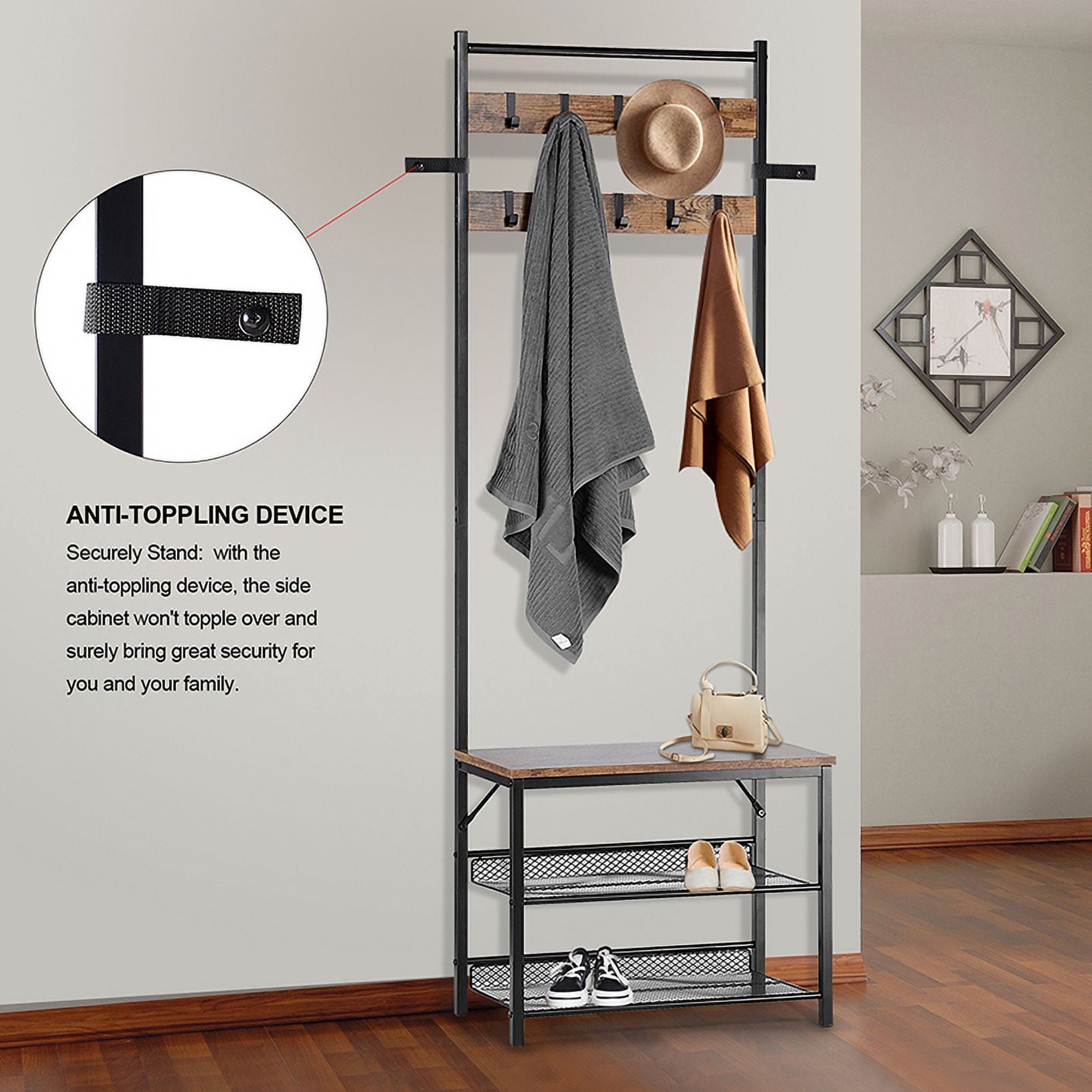 3-in-1 Metal Entryway Coat Rack with 2-Tier Shoe Bench and 10