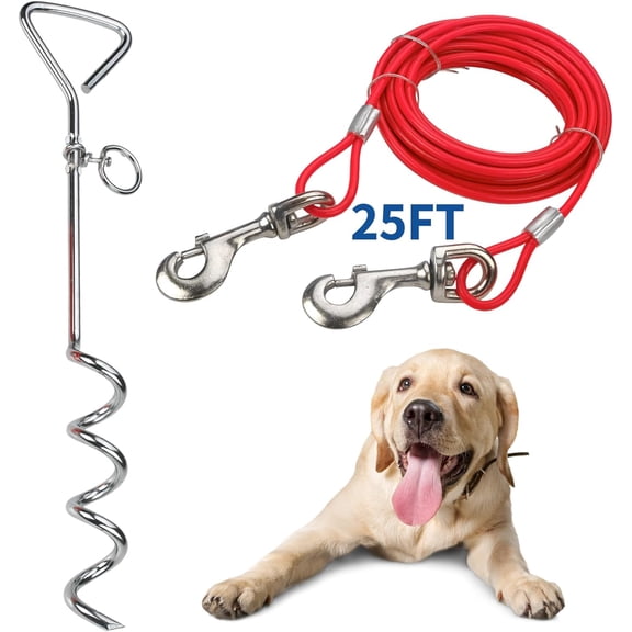 MeasuPro Chrome Dog Stake & Leash Lead Set - 25-Foot Cable, Stainless Steel Heavy-Duty Outdoor Tie-Out for Dogs Play Boundary for Puppies & Adult Dogs
