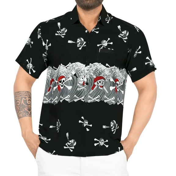 HAPPY BAY Men's Hawaiian Short Sleeve Button Up Beach Caribbean Shirt Fashion Halloween Costumes Cruise Shirts for Men XL Skull Crossbones Black