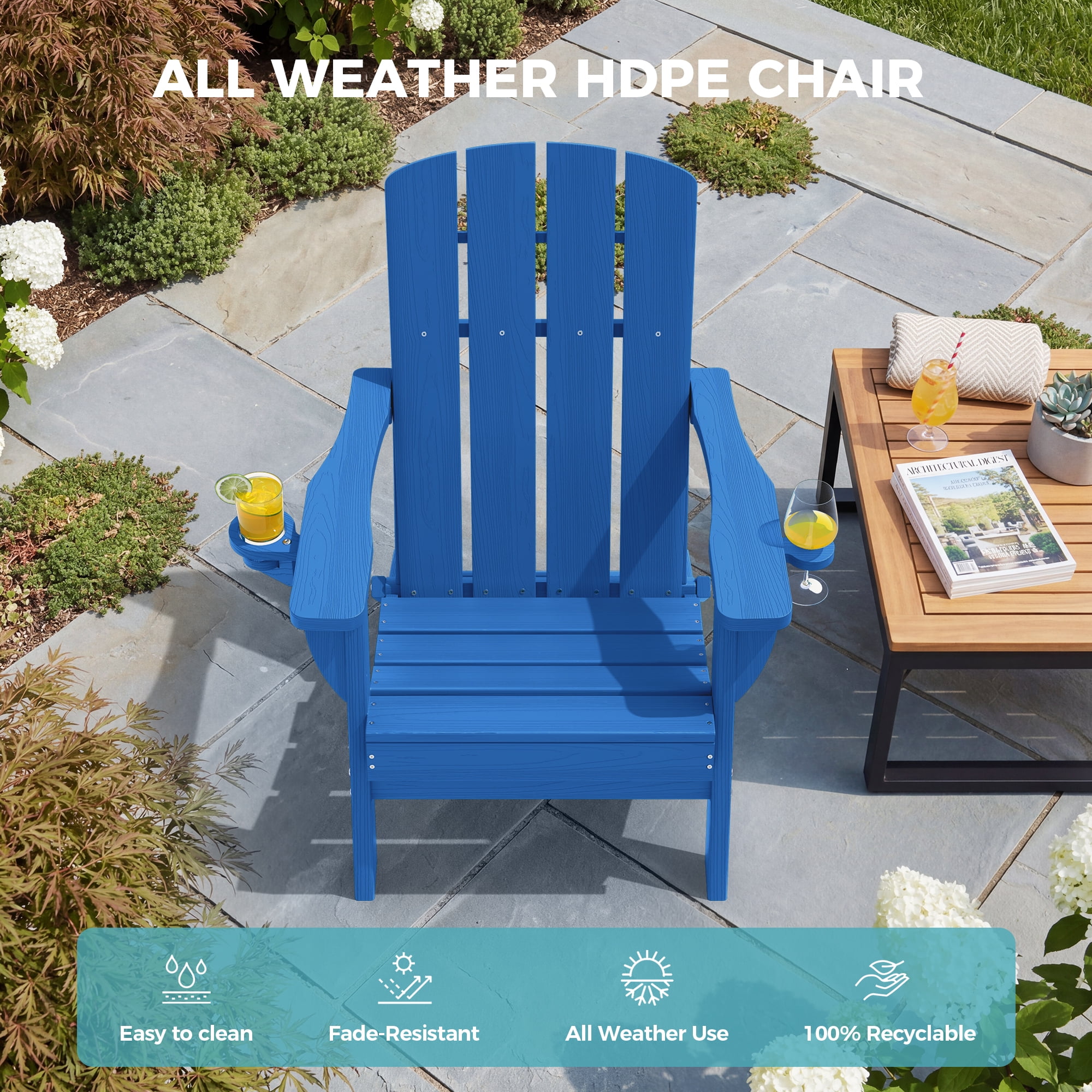 Adirondack Chair Set of 4, Outdoor Folding All-Weather HDPE Adirondack Chairs with 2 Cup Holders for Patio, Blue