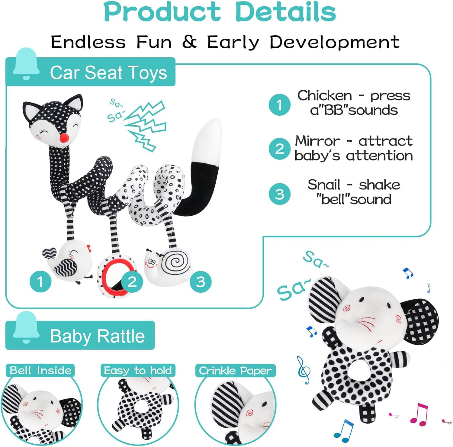 3 Pcs Baby Toys，Black and White Baby Toys，High Contrast Baby Toys