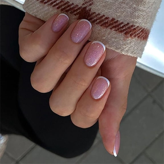 JZROCKER 24 Pcs Elegant Artificial Nails French Tip Press On Nails Short Round Stick On Nails Stylish False Nails for Party