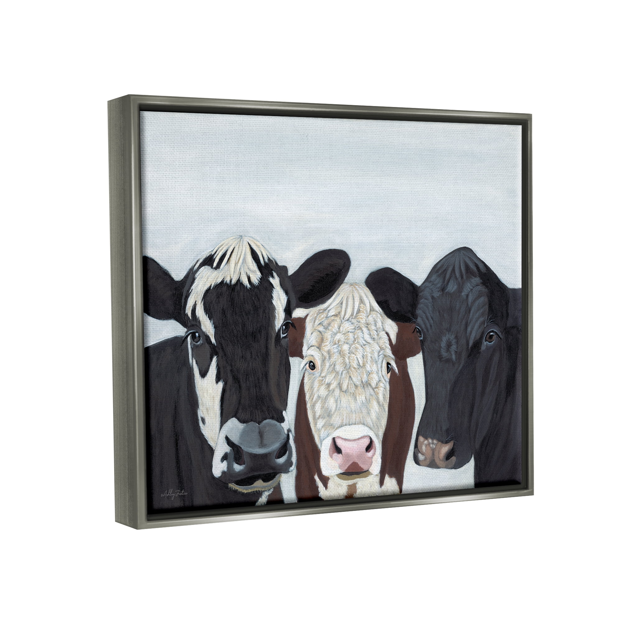 Stupell Three Cows Fun Farmhouse Portrait Animals & Insects Painting Gray Floater Framed Art Print Wall Art