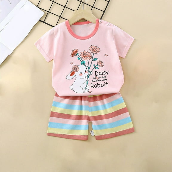 Amidoa Girls Summer Outfits Short Sleeves T-Shirts and Summer Kids Casual Short Clothing Set Pink Size 18