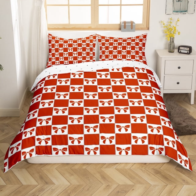 Erosebridal Housse de Couette Rouge Buffalo Simple, Housse de Couette Nœud Mignon Simple, Décoration de Chambre à Carreaux Géométriques, Réversible 2 Pcs (Sans Couette)