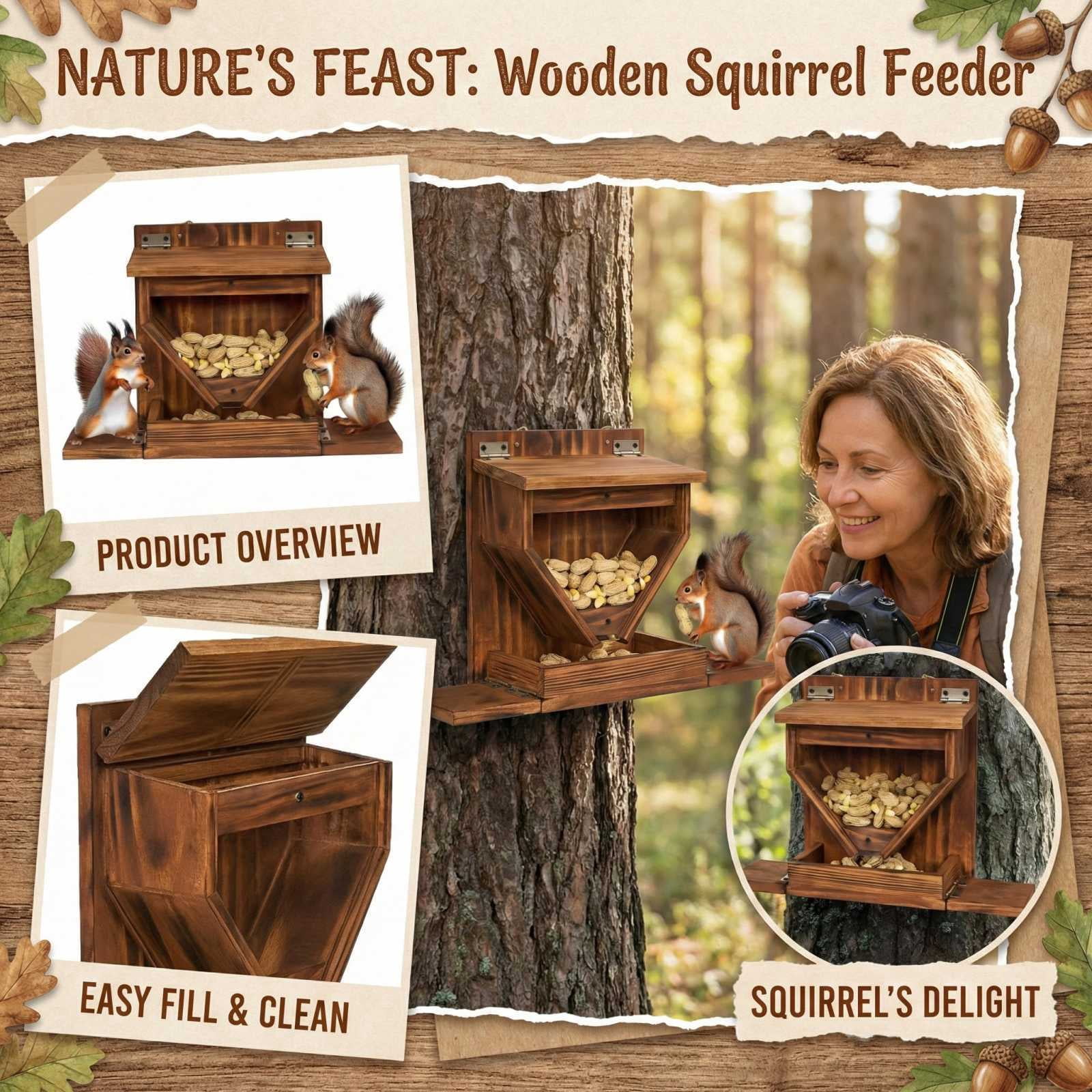 JIhuahe Squirrel Feeder with Round Transparent Window, Sturdy Outdoor Feeding Station with Ventilation Holes, Charred Wood Finish, Mounting Options Included