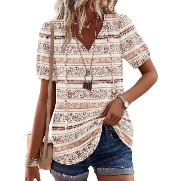Boho Tops for Women Summer V-Neck Tie Front Peasant Blouses Casual Puff Sleeve Loose-Fit Flowy Shirts Beach Vacation