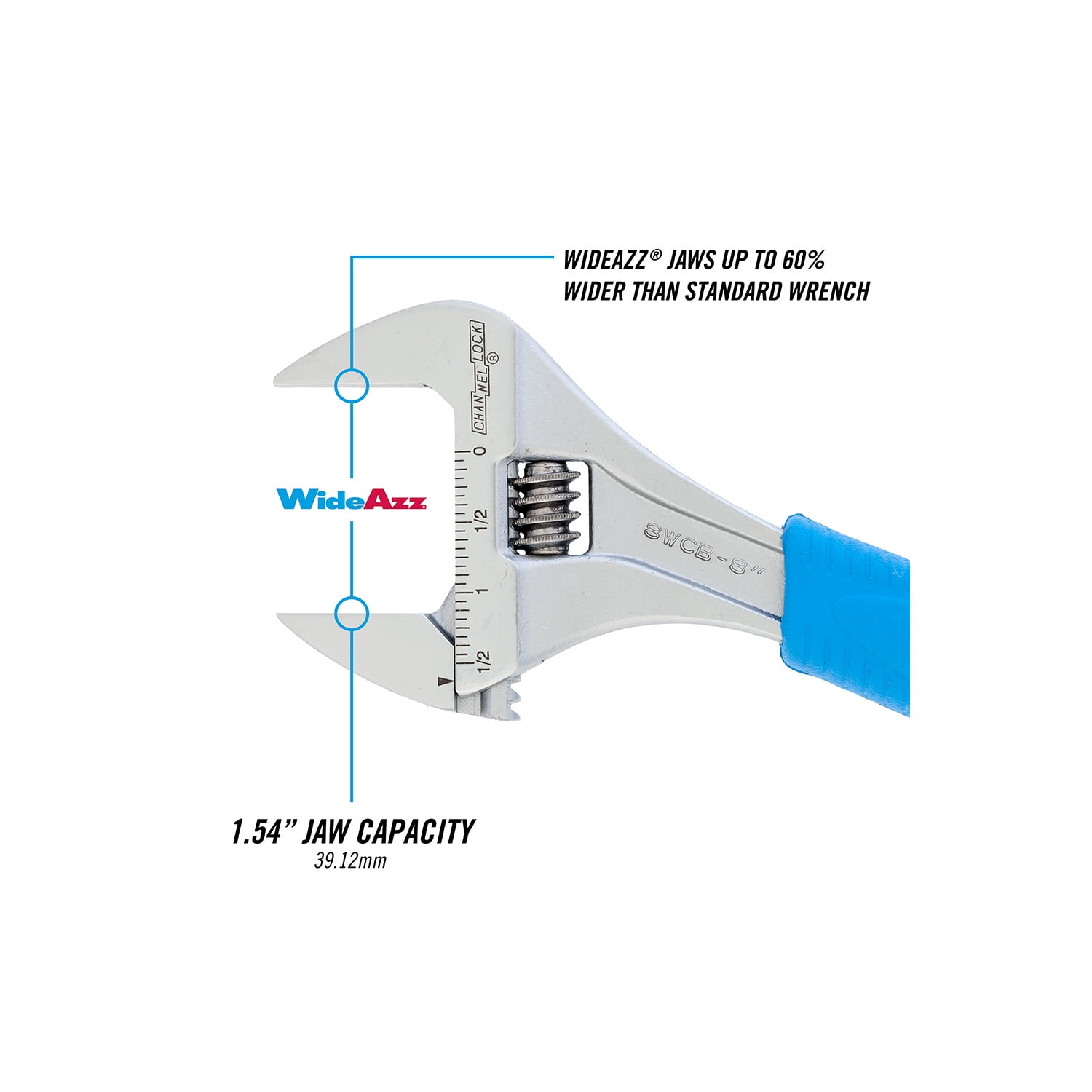 CHANNELLOCK 8-inch CODE BLUE WideAzz Adjustable Wrench, Precise 1.5-inch Wide Mouth Jaw Capacity (8WCB)