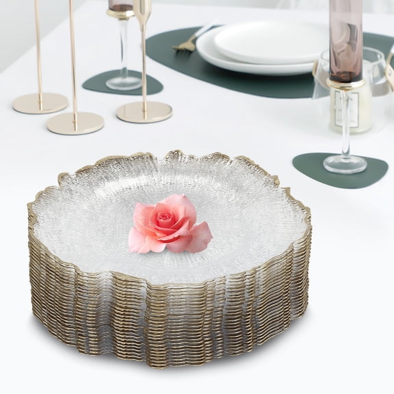 25Pcs Clear Charger Plates for Home & Commercial Party Use 12.6in Plastic Dinner Charger Plates with Gold Beaded Rim for Wedding Birthday Bridal Shower Dinner Table Decor