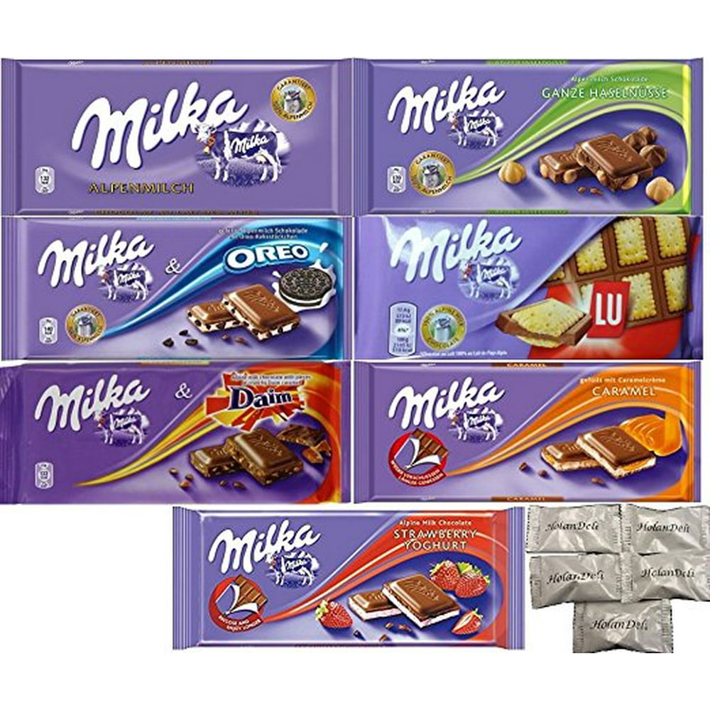 Assorted 7 Milka Chocolate (Oreo, Alpine Milk, LU, Milka Whole Nuts, Daim, Caramel, Strawberry