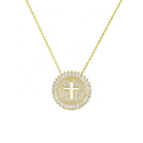 2Ct Simulated Diamond 925 Silver Circle Cross Pendant Necklace In 14k Yellow Gold Plated