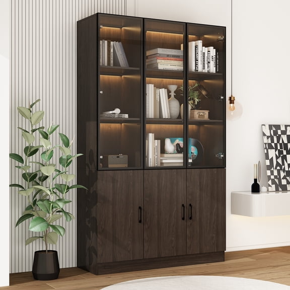 KULAGAGA 47.2”W Dark Brown Bookcase with Pop-up Glass Doors, 5-Tier Storage Display Cabinet with Light, 6-Door Curio Cabinet Tall Bookshelf for Home Office, Living Room (78.7”H)