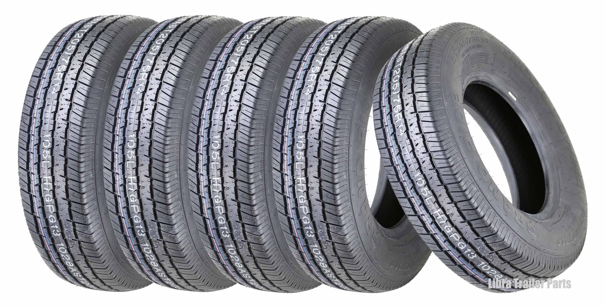 Set 5 Grand Ride Premium Trailer Tires ST 205/75R14 8PR Load Range D