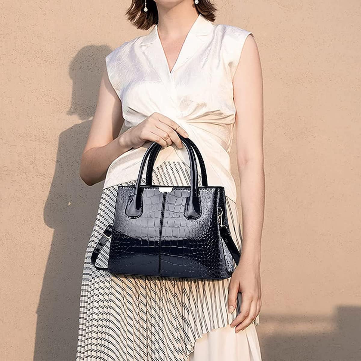 Handbag and Purse for Women Patent Leather Shoulder Bag Crocodile Pattern Top-Handle Satchel Tote Wallet