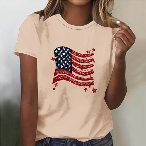 Xdegoge 4Th of July Patriotic T Shirts for Women USA American Flag Short Sleeve Crewneck Stars and Stripes Glitter Graphic Print Casual Soft Summer Tops