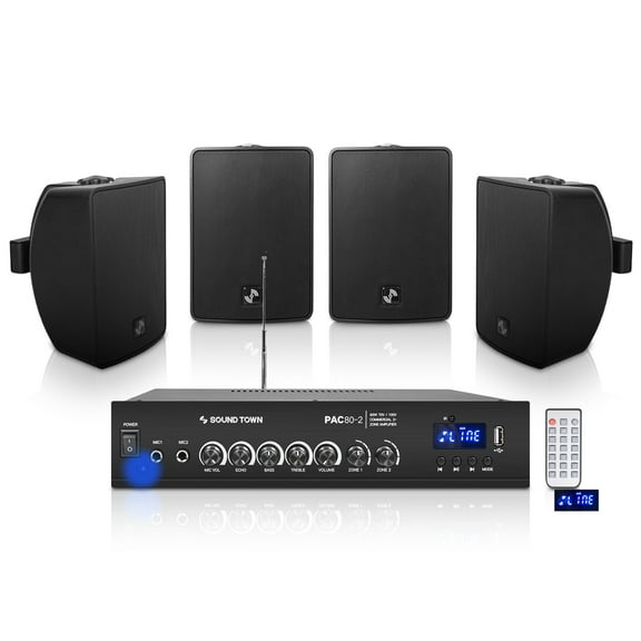 Sound Town Commercial Restaurant Bluetooth Amplifier   Surface-Mount Speaker Set, with One 2-Zone 70V/100V Amplifier with Bluetooth, 4 x 4.5-Inch Surface-Mount Speakers, Black (PAC80X4TV4B)