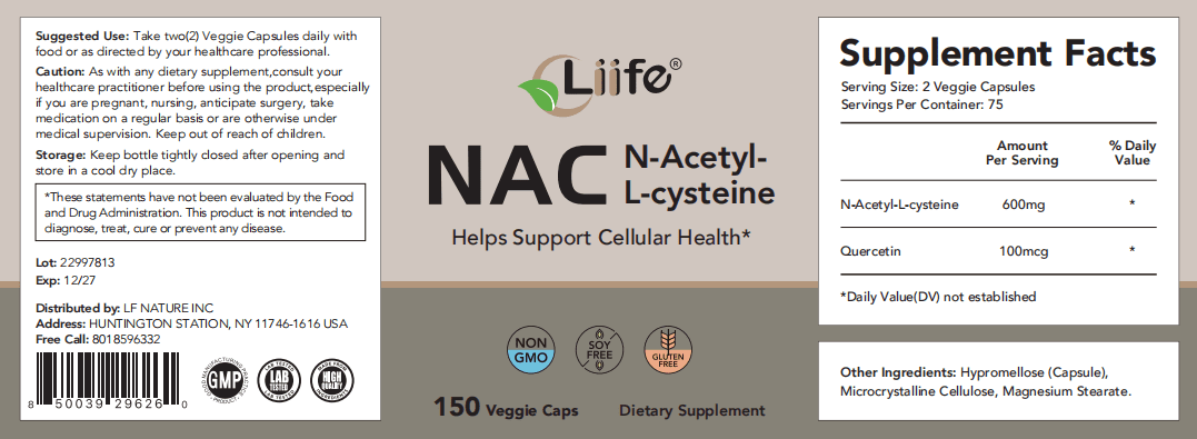 Liife NAC Capsules,with N-Acetyl-L-Cysteine and Quercetin Support Cellular, Liver and Respiratory Health, 150 Capsules, 2.5 Months Supply, Adult, Affordable Packaging