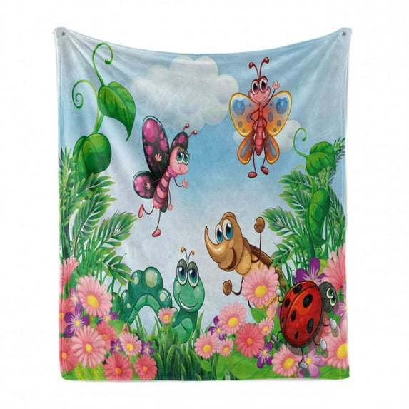 Garden Soft Flannel Fleece Blanket, Gardening Theme Illustration of Butterfly Ladybug Worm Flowers and Grass, Cozy Plush for Indoor and Outdoor Use, 70" x 90", Jade Green Fern Green, by Ambesonne