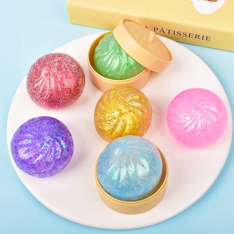 Lifemode Glitter Dumpling Squeeze Toy, TPR Stress Relief Ball With Steamer Basket, 5.3x4.5cm, Random Color