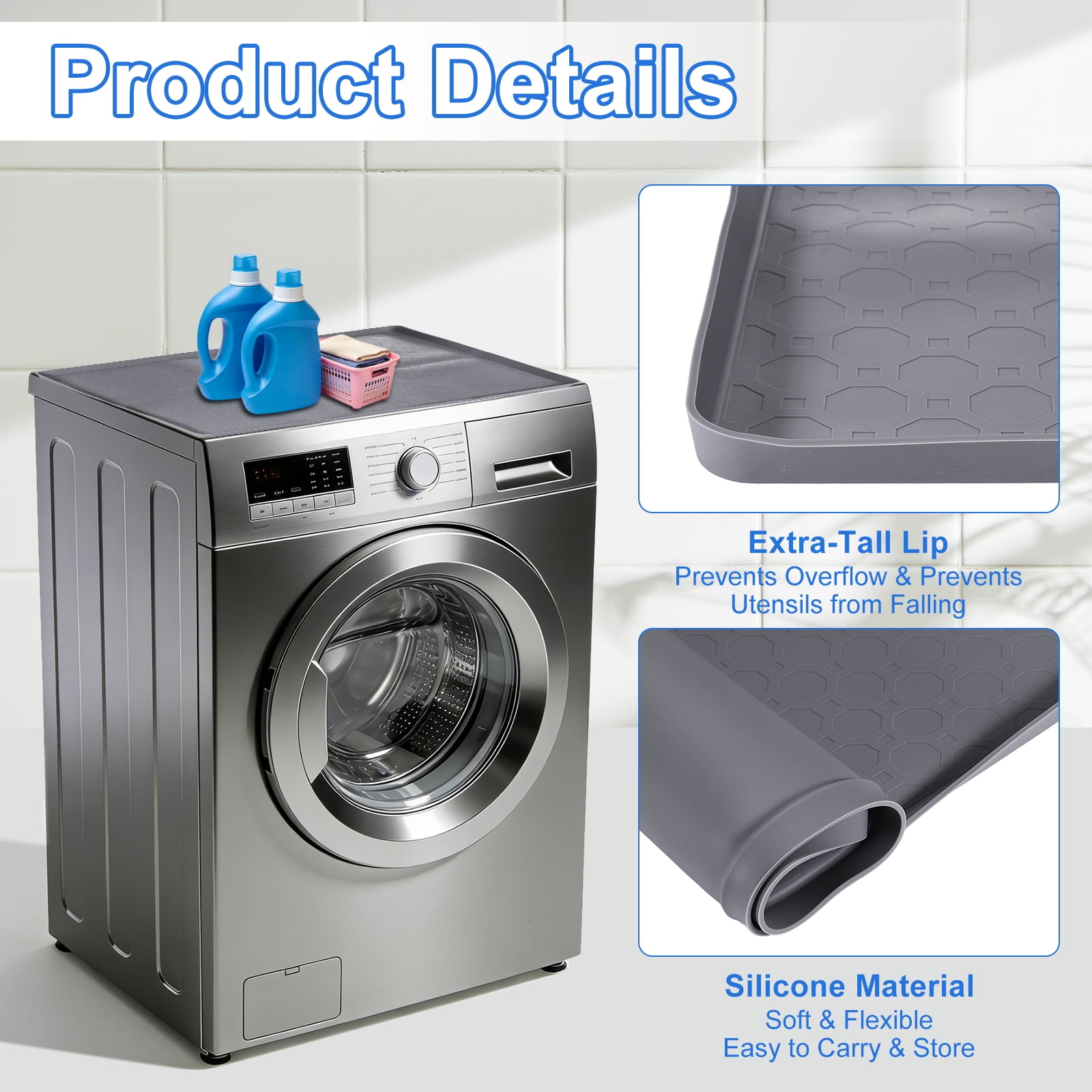 Uxcell 2Pcs Washer and Dryer Top Protector Mat (19.7" x 19.7") - Non-Slip Heat-Resistant Leak-Proof Washable, Silicone Washing Machine Top Cover Pad for Home/Kitchen/Laundry Room, Gray