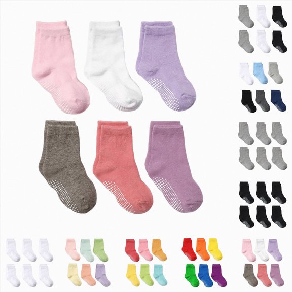 CAUYDY Little Kids Girl Socks 6PC Set 3 4 5 Years Toddler Grip Crew Socks Mid Cut for Fall Winter Spring Sizes 3-5 Years