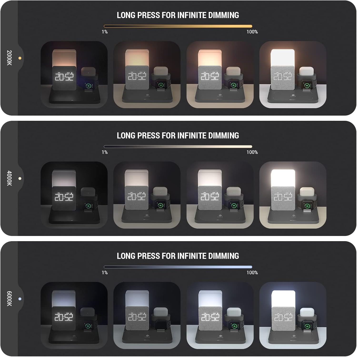 15W 3-in1 Wireless Charger Compatible iPhone 16/15/14/13/15, Apple Watch, AirPods – Fast Charging Dock w/Alarm Clock & Night Light Grey + 18W Adapter