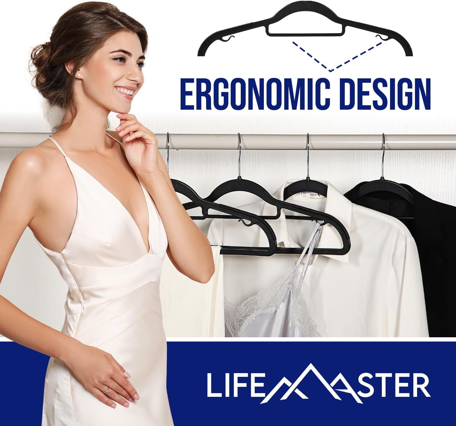 Lifemaster 20 Pcs. Dry Wet Clothes Hangers - Heavy Duty Coat Hanger Set with 360° Swivel Hook, Non-Slip, Space-Saving, Sleek Design - Accessory Tie Bar, Smart Strap Hooks, Non-Slip Pants Bar (Black)