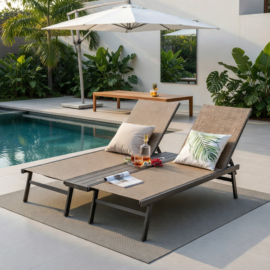Hommoo 2-Person Adjustable Outdoor Chaise Lounge Chair with Weatherproof Center Tray, Steel Patio Recliner for Backyard, Poolside, or Deck, Brown