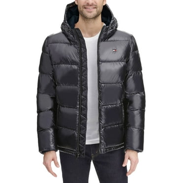 Tommy Hilfiger Mens Pearlized Performance Hooded Puffer Coat L Black