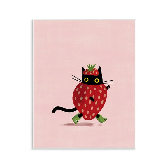 Stupell Industries Strawberry Cat on Pink Animals Painting Unframed Art Print Wall Art, 11 x 14