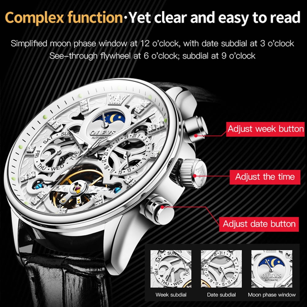 OLEVS Automatic Watches for Men Self Winding Mechanical Chronograph Skeleton Flywheel Luxury Dress Black Brown Leather Diamond Moon Phase Waterproof Luminous Mens Wrist Watches Reloj Para Hombre